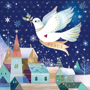 Bring a touch of serene beauty and heartfelt meaning to your customers' festive greetings with these exquisite Peace Dove Cards from Second Nature. Each card features a stunning illustration of a graceful white dove, carrying an olive branch and a 'PEACE' banner, soaring over a charming, snow-dusted village under a starry, snowflake-filled sky. The intricate details and warm, inviting colours make these cards truly special.

This wholesale pack contains 6 sets of 10 cards, perfect for retailers looking to offer high-quality, meaningful Christmas cards. What's more, these beautiful cards support EACH (East Anglia's Children's Hospices), adding an extra layer of goodwill to every purchase. A wonderful way to spread peace and joy this holiday season.