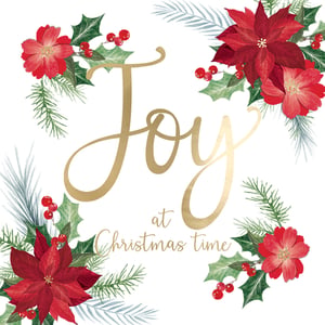 Bring festive cheer to your customers with these beautiful "Joy - Poinsettia Cards" from Second Nature. Each card features an elegant gold script of "Joy at Christmas time" surrounded by classic watercolour illustrations of vibrant red poinsettias, traditional holly, bright berries, and delicate evergreen foliage. This charming design is perfect for spreading warmth and goodwill during the festive season.

What's more, these cards are sold in support of EACH (East Anglia's Children's Hospices), adding a meaningful charitable element that customers will appreciate. Stock up on these delightful cards, available in a convenient wholesale pack of 6, and offer your customers a truly special way to send their Christmas greetings.