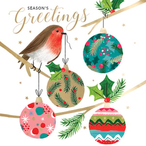 Spread festive cheer this season with our delightful 'Robin With Baubles' Christmas cards from Second Nature. Each pack contains 10 beautifully designed cards, featuring a charming robin perched on a golden branch, surrounded by an array of vibrant, patterned baubles. The elegant 'SEASON'S Greetings' message adds a touch of classic charm.

These cards are perfect for sending warm wishes, and with every purchase, you'll be supporting a wonderful cause: EACH (East Anglia's Children's Hospices). Your wholesale order includes 6 packs (1x6), ensuring you're well-stocked for the holidays. Offer your customers a truly heartwarming way to connect and give back this Christmas.
