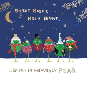 Bring festive cheer to your customers with these delightful Singing Peas Christmas cards from Second Nature. This charming design features a group of peas, all bundled up in their winter finery, joyfully singing under a starry night sky. The classic carol 'Silent Night, Holy Night' is given a whimsical twist with the pun, '...Sleep In Heavenly Peas...'. Each card not only brings a smile but also supports EACH (East Anglia's Children's Hospices), making them a truly heartwarming choice for the season. Supplied in a wholesale pack of 6, these unique and delightful cards are a perfect addition to any retail Christmas collection.