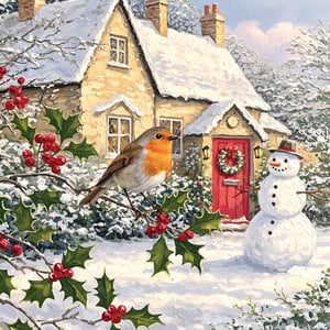 Bring a touch of classic British charm to your festive offerings with our 'Robin Scene' Christmas cards. Each pack of 16 cards features two delightful designs, with 8 of this heartwarming image. Your customers will adore the picturesque winter wonderland, showcasing a cheerful robin perched on a vibrant holly branch, set against a cosy, snow-covered cottage. A friendly snowman and a festive wreath on the red door complete this idyllic scene, evoking warmth and seasonal joy. Supplied by the renowned Great British Card Company, these high-quality cards are perfect for spreading traditional Christmas greetings. Available in a convenient wholesale pack of 6, they're an essential addition to your holiday collection.