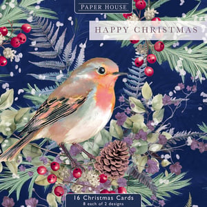 Introduce a touch of classic Christmas charm to your store with these beautiful robin-themed cards from the Great British Card Company. Each pack features a delightful, hand-painted style illustration of a cheerful robin, nestled amongst rich winter foliage including festive red berries, pine needles, and a rustic pine cone, all set against a deep, enchanting blue background.
These cards convey a warm "Happy Christmas" message, perfect for spreading seasonal cheer. Each retail pack contains 16 cards, offering two distinct yet equally captivating designs (8 of each) to give your customers a lovely choice. Stock up effortlessly with our convenient wholesale pack size of 6, ensuring you’re ready for the festive season.
