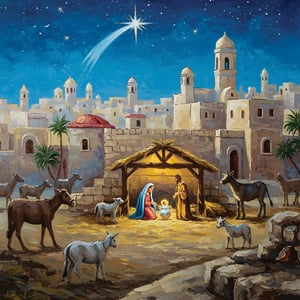 Offer your customers a truly classic Christmas greeting with these Bethlehem cards from the Great British Card Company. Each retail pack contains 10 cards, featuring 5 of each of two distinct designs. This particular design beautifully depicts the Nativity scene, with Mary, Joseph, and baby Jesus in the stable. Gentle animals are gathered around, and the Star of Bethlehem illuminates the night sky above the ancient city. The painterly style creates a warm and traditional feel, perfect for conveying the Christmas message. These cards are an ideal choice for those who appreciate timeless festive imagery. Sold in wholesale packs of 8.