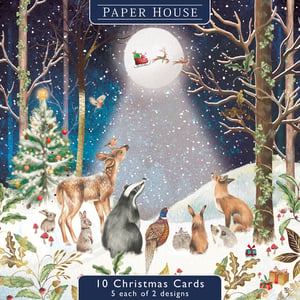 Bring the magic of Christmas to your customers with these enchanting Fable Moonlight Woodland Animal Cards from the Great British Card Company. Each pack contains 10 delightful cards, featuring 5 of each of two captivating designs.
Immerse yourself in a serene woodland scene where a charming collection of animals – including deer, badgers, and foxes – gaze up at Santa's sleigh, silhouetted against a luminous full moon. With a beautifully decorated Christmas tree and gently falling snow, these cards perfectly capture the wonder of a festive forest night. Ideal for spreading joy this holiday season, these cards are a truly special way to send warm wishes.