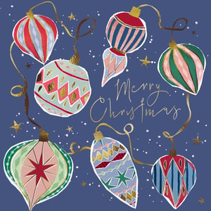 Delight your customers this Christmas with these enchanting bauble-themed cards from the Great British Card Company. Featuring a beautiful array of festive ornaments in rich reds, greens, and blues, accented with shimmering gold details and ribbons, these cards exude holiday charm. The elegant 'Merry Christmas' script adds a sophisticated touch. Each retail pack contains 10 high-quality cards, offering 5 of each of two distinct designs, ensuring variety for your shoppers. Perfect for spreading seasonal cheer, these cards are a must-have for your festive collection. Available in wholesale packs of 8.