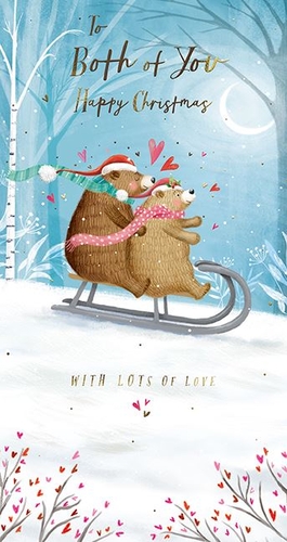 Spread festive cheer this Christmas with our 'To Both Of You' card, featuring an utterly charming illustration of two adorable bears snuggled on a sleigh. Dressed in festive Santa hats and scarves, surrounded by falling snow and floating hearts, this heartwarming design perfectly captures the joy and love of the season. The beautiful winter wonderland backdrop, complete with birch trees and a crescent moon, adds to its enchanting appeal.
Ideal for sending warm wishes to couples, friends, or family, this card is sure to bring a smile. Supplied by the Great British Card Company, you can expect excellent quality. Each pack contains 6 cards, making it easy to stock up for your customers this holiday season. Share the love with this delightful Christmas card!