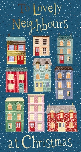 Spread festive cheer to your local community with our delightful 'Neighbours' Christmas card. From the Great British Card Company, this charming design features a whimsical street scene of colourful houses, each adorned with twinkling lights and nestled under a gentle snowfall.
The warm message, 'To Lovely Neighbours at Christmas', makes it the perfect way to share seasonal greetings and appreciation. Its inviting illustration and heartfelt sentiment are sure to bring a smile to any neighbour's face. These cards are a wonderful addition to your Christmas stationery collection, available in a convenient pack of 6.