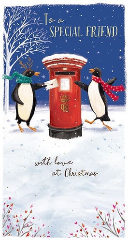 Introduce a touch of festive charm to your Christmas card selection with our 'Friend' design. This heartwarming card features two delightful penguins, one sporting playful antlers, sending a special message via a classic red post box in a beautifully snowy scene. The sweet sentiment, 'To a Special Friend, with love at Christmas,' makes it perfect for conveying warm wishes. Supplied by the Great British Card Company, each wholesale pack contains 6 cards, ensuring you're well-stocked for the season. A truly enchanting choice for your customers.