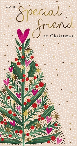 Help your customers celebrate cherished friendships this festive season with our 'Friend Female' Christmas card, from the Great British Card Company. This delightful design features a beautifully illustrated Christmas tree, adorned with vibrant red berries, charming pink hearts, and shimmering gold stars, all set against a warm, speckled background. The elegant gold script conveys the heartfelt message, 'To a Special friend at Christmas', making it the perfect choice for sending warm wishes. Its modern yet traditional aesthetic is sure to appeal to a wide range of customers. Available in convenient packs of six, this card is a must-have addition to your Christmas range, offering a truly special way to connect with loved ones.
