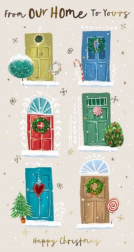 Spread festive cheer this season with our delightful 'House to House' Christmas card, brought to you by the Great British Card Company. This charming design features a collection of six beautifully illustrated front doors, each uniquely adorned with traditional festive touches like wreaths, candy canes, and snowy trees. Set against a gentle, falling snow backdrop, these colourful doors evoke a warm, welcoming Christmas spirit.
The heartwarming message 'From Our Home To Yours' perfectly complements the inviting artwork, making it an ideal choice for sending seasonal greetings. Its vibrant colours and intricate details are sure to make a lasting impression. Available in a convenient pack size of 1x6, this card is a wonderful addition to any festive greeting card selection.
