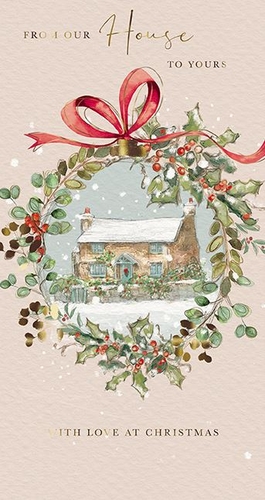 Welcome the festive season with our charming 'House to House' Christmas cards, proudly brought to you by the Great British Card Company. This delightful design captures the essence of a traditional Christmas, featuring a beautifully illustrated wreath with a vibrant red bow, framing a picturesque, snow-covered cottage. The scene, complete with gently falling snowflakes, evokes a truly cozy and heartwarming feel. With the tender message 'FROM OUR House TO YOURS WITH LOVE AT CHRISTMAS', these cards are perfect for sharing festive cheer. Each pack contains 6 cards, making them an ideal addition to your seasonal offerings.