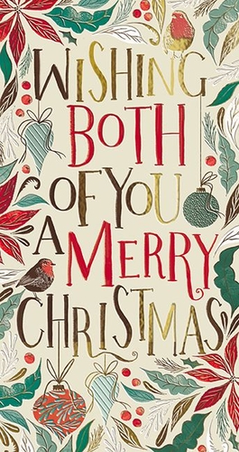 Introduce the "To Both Of You" Christmas card, a delightful offering from the Great British Card Company. This beautifully illustrated card is designed to convey warm festive wishes to a special couple. The charming artwork features classic Christmas elements, including cheerful robins, vibrant red berries, lush green foliage, and elegant baubles, all set against a soft cream background. The heartfelt message, "Wishing Both Of You A Merry Christmas," is presented in a stylish mix of rich red and golden lettering. Perfect for your customers seeking a thoughtful and traditional card, this design comes in a convenient pack of 6.