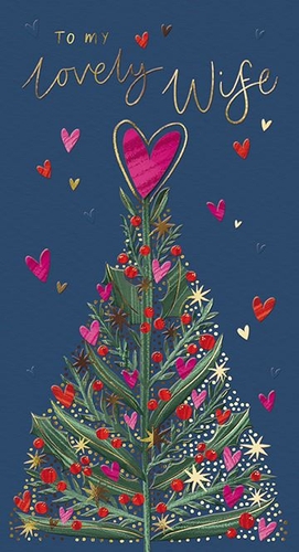Celebrate your lovely Wife with this enchanting greeting card from the Great British Card Company. Featuring a beautifully illustrated festive tree adorned with an abundance of vibrant hearts, glistening stars, and rich red berries, it's a truly special way to express your love. The elegant gold script reads 'To my lovely Wife', perfectly complementing the deep blue background. Topped with a prominent pink heart, this card blends festive cheer with heartfelt romance. Supplied in a convenient pack of 6, it's ideal for retailers looking to offer a high-quality, loving option for wives, perfect for Christmas, anniversaries, or simply to show appreciation.