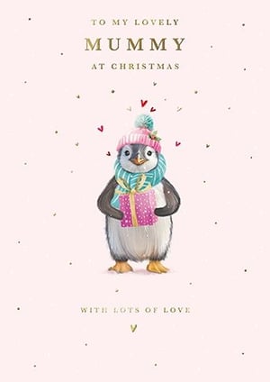 Delight your customers with this utterly charming Christmas card, specially designed for Mummy. Featuring an adorable penguin, complete with a cosy pink bobble hat, festive scarf, and a beautifully wrapped gift, it's sure to bring a smile. The soft pink background is adorned with delicate gold speckles and sweet red hearts, enhancing the warm, loving sentiment.

The heartfelt message 'TO MY LOVELY MUMMY AT CHRISTMAS' in elegant gold lettering, along with 'WITH LOTS OF LOVE', makes this card a perfect choice for expressing cherished affection. Supplied by the renowned Great British Card Company, these high-quality cards come in a convenient pack of 6, making them an ideal addition to your festive card selection. A truly lovely way to celebrate Mummy this Christmas!
