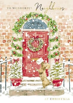 Bring festive cheer to your customers with this delightful Christmas card from the Great British Card Company. Featuring a charming scene of a snow-dusted red door adorned with a beautiful wreath and garlands, it's the perfect way to celebrate the season. A cute dog stands on its hind legs, playfully delivering a letter, adding a heartwarming touch. With the message "TO WONDERFUL! Neighbours AT CHRISTMAS", this card is ideal for sending warm wishes to those next door. Each pack contains 6 cards, ready to spread joy this holiday season.