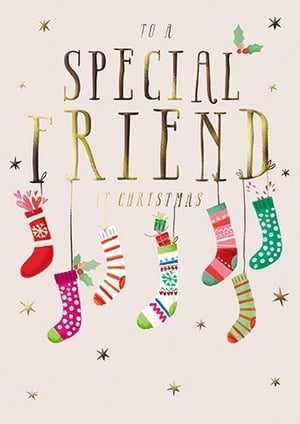 Delight a special female friend this Christmas with this charming card from the Great British Card Company. Featuring a heartfelt 'To a Special Friend at Christmas' message, the design showcases an array of colourful, patterned stockings, some playfully filled with tiny gifts, all twinkling against a soft, starry backdrop. The vibrant artwork and elegant gold lettering create a truly festive feel. Perfect for retailers seeking high-quality Christmas cards, these come in convenient packs of six. A wonderful choice to help customers share warm wishes with their nearest and dearest this holiday season.