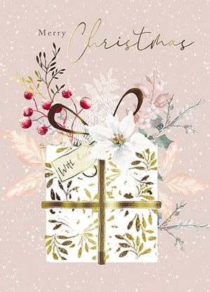 Elevate your Christmas card offering with this exquisite design from the Great British Card Company. Set against a delicate blush pink backdrop, softly dusted with snow, this card radiates festive charm. A beautifully wrapped gift box, adorned with shimmering gold botanical patterns and a 'With love' tag, takes centre stage. It's elegantly framed by a delightful arrangement of vibrant red berries, a pristine white poinsettia, and frosted winter foliage. The graceful gold script of 'Merry Christmas' adds a luxurious touch. This 'Open Female' card is perfect for conveying warm wishes to any special woman on your list. Available in a convenient pack of 6.