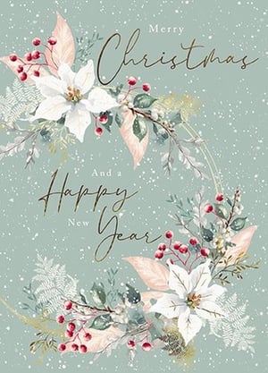 Spread festive cheer with this exquisite Christmas and New Year card. Featuring a beautifully illustrated winter wreath, this design captures the magic of the season perfectly. Delicate white poinsettias, vibrant red berries, and elegant foliage in soft greens and blush pinks are artfully arranged against a serene, snow-dusted background. The elegant gold script wishes 'Merry Christmas And a Happy New Year', adding a touch of sophistication. Perfect for sending warm wishes to friends and family, this charming card offers a truly delightful way to celebrate the festive period. Each pack contains six high-quality cards, ensuring you're well-stocked for the holidays.