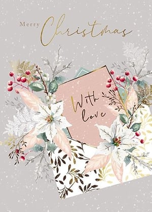 Spread festive cheer with our exquisite 'Open Female' Christmas card, brought to you by the Great British Card Company. This stunning design captures the magic of the season with its elegant blend of soft blush pinks, shimmering gold accents, and delicate winter foliage. Beautiful white and pale pink poinsettias are artfully arranged with frosted ferns and vibrant red berries, creating a truly sophisticated look.

The heartfelt message 'Merry Christmas' in elegant gold script, complemented by a sweet 'With Love' note, makes this card perfect for sending warm wishes to any special woman in your life. Its timeless appeal ensures it will stand out on any mantelpiece. Available in a convenient pack of 6, these cards are a delightful addition to your festive collection.