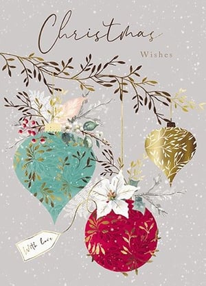 Share the magic of the season with our exquisite 'Open Female' Christmas cards, brought to you by the Great British Card Company. This enchanting design showcases three beautifully detailed baubles in festive red, shimmering gold, and serene teal, each adorned with elegant leaf patterns. They hang gracefully from a delicate branch, enhanced by a white poinsettia, berries, and a scattering of snow, creating a truly captivating scene. The warm greeting "Christmas Wishes" and a sweet 'With Love' tag add a personal touch. Ideal for conveying heartfelt sentiments, these cards are supplied in a handy pack of 6, ready to delight your customers this holiday season.