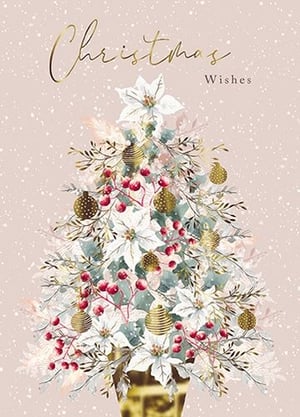 Bring a touch of sophisticated festive cheer to your customers with this beautiful "Open Female" Christmas card from the Great British Card Company. Featuring an elegant Christmas tree crafted from delicate white poinsettias, vibrant red berries, and shimmering gold baubles, it's a truly eye-catching design. The soft pink background, dusted with gentle snow, perfectly complements the golden "Christmas Wishes" script. This card offers a warm and luxurious feel, perfect for sending heartfelt greetings. Available in a convenient pack size of 1x6, it’s an essential addition to your seasonal collection.