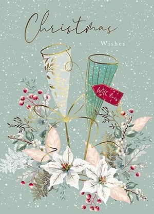 Celebrate the festive season in style with this exquisite 'Open Female' Christmas card from the Great British Card Company. This beautifully illustrated design captures the magic of Christmas with elegant champagne flutes, delicate white poinsettias, and vibrant red berries, all set against a serene, snow-dusted backdrop. The shimmering gold accents and "Christmas Wishes" script add a touch of luxury, making it perfect for sending warm greetings to any special woman in your life. Supplied in a convenient pack of 6, these cards are ideal for retailers looking to offer a sophisticated and heartfelt option this holiday season.