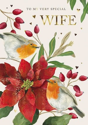 Celebrate your wonderful wife with this truly special card, beautifully designed by the Great British Card Company. This charming card features two delightful robins nestled amongst a vibrant red poinsettia and festive berries, creating a warm and loving scene. The elegant gold lettering proudly declares 'TO MY VERY SPECIAL WIFE', complemented by subtle heart details for an extra touch of affection. Perfect for Christmas, an anniversary, or simply to show your appreciation, this heartfelt design is sure to make her smile. Available in a convenient pack size of 1x6. Product name: Wife.