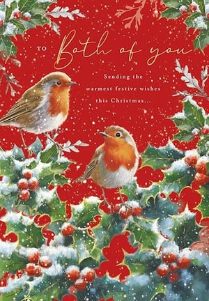 Introduce a touch of classic Christmas charm to your festive card collection with our 'To Both Of You' card. This delightful design features two adorable robins, beautifully illustrated and perched amongst snow-dusted holly and vibrant red berries, evoking a truly traditional winter scene.
The warm message, 'To Both Of You, Sending the warmest festive wishes this Christmas...', makes it an ideal choice for sending greetings to couples, friends, or family. Supplied by the trusted Great British Card Company, these charming cards come in a convenient pack size of 1x6, perfect for stocking your shelves this holiday season. Offer your customers a card that beautifully captures the spirit of Christmas.
