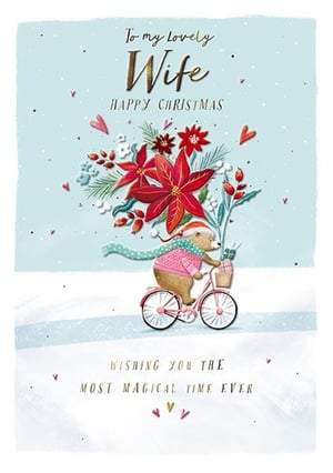 Offer your customers a special way to celebrate this Christmas with their loved one. This charming 'Wife' Christmas card from the Great British Card Company features an adorable bear, complete with a Santa hat and cosy jumper, cycling through a winter wonderland. Adorned with vibrant poinsettias, festive foliage, and a basket full of gifts, this delightful design perfectly captures the magic of the season. The heartfelt message, 'To my lovely Wife, Happy Christmas' and 'Wishing you the most magical time ever', ensures a warm and loving sentiment. Supplied in a convenient pack of 6, these cards are sure to be a popular choice for those looking to express their love.