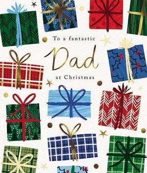Celebrate Dads this Christmas with our charming 'Dad' Christmas card from the Great British Card Company. This delightful design features a festive array of beautifully wrapped presents in vibrant colours and varied patterns, creating a truly joyful scene. The heartfelt message, 'To a fantastic Dad at Christmas,' is elegantly presented with 'Dad' in a shimmering gold script, making it a wonderful way to show appreciation. Perfect for retailers looking to offer a warm and personal touch, these cards come in a convenient pack size of 1x6, ensuring you're well-stocked for the festive season. A lovely choice for any Dad!