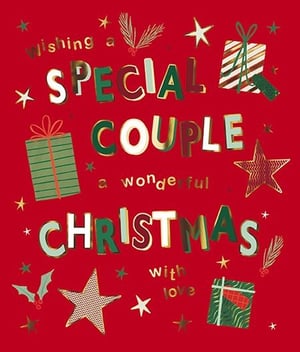 Celebrate the festive season with our 'Special Couple' Christmas card, a delightful offering from the Great British Card Company. This vibrant design features a rich red background adorned with shimmering gold, green, and white foiled lettering that beautifully spells out 'Wishing a Special Couple a wonderful Christmas with love'.
Intricate details like scattered stars, festive holly, and charming gift illustrations complete this heartwarming scene. The luxurious metallic finishes give this card a premium feel, perfect for conveying warm wishes. Available in a handy pack of 6, it's an ideal choice for retailers looking to offer a truly special greeting this Christmas.