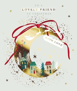 Delight your customers with this enchanting 'Friend' Christmas card from the Great British Card Company. This beautiful design features a shimmering golden crescent moon, adorned with a charming festive village of quaint houses and evergreen trees. A vibrant red ribbon elegantly wraps around the moon, complete with playful reindeer silhouettes and tiny gift boxes, adding a touch of magic. The heartfelt message "TO A LOVELY FRIEND AT CHRISTMAS" is beautifully presented, complemented by a "WITH LOVE" tag. Scattered stars and glitter complete this truly special card, perfect for conveying warm wishes. Supplied in a convenient pack of 6 (1x6), it's an ideal choice for your seasonal collection.