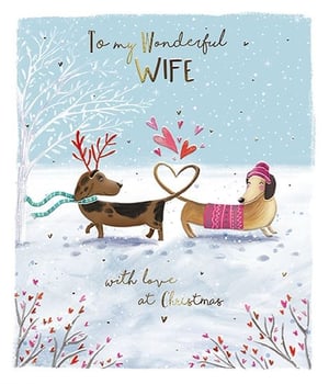 Delight your customers this festive season with our charming 'Wife' Christmas card, brought to you by the Great British Card Company. This adorable design features two beloved dachshunds, playfully dressed for winter in a snowy wonderland. One sports festive reindeer antlers and a green scarf, while the other dons a cosy pink bobble hat and jumper. Their tails sweetly intertwine to form a heart, with more hearts floating above, perfectly capturing the warmth of Christmas love.

The card is beautifully finished with elegant gold foil lettering that reads "To my Wonderful WIFE" and "with love at Christmas". This heartwarming and wonderfully illustrated card is ideal for customers looking for a special way to express their affection. Available in a convenient pack size of 1x6.