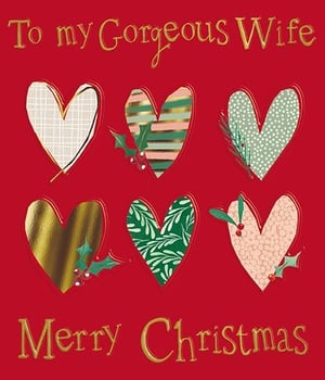 This beautiful Christmas card is the perfect way to tell your gorgeous wife how much she means to you. Featuring six charming hearts, each with unique festive patterns and delicate holly details, it's a truly lovely design. The elegant gold lettering on a rich red background adds a touch of luxury, ensuring your message of love stands out. Crafted by the Great British Card Company, this card is designed to make her Christmas extra special. Available for wholesale in a pack of 6.