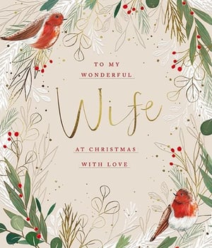 Celebrate the special woman in your life this Christmas with this exquisite card, designed with love by the Great British Card Company. Adorned with two delightful robins and an abundance of festive foliage, including delicate berries and shimmering golden accents, this card radiates warmth and charm. The heartfelt message 'TO MY WONDERFUL Wife AT CHRISTMAS WITH LOVE' is beautifully presented, with 'Wife' elegantly scripted in gold. It's the perfect way for customers to express their deepest affection and make her Christmas truly memorable. Stock up on this popular design, available in a convenient pack size of 1x6, to ensure your shelves are ready for the festive season.