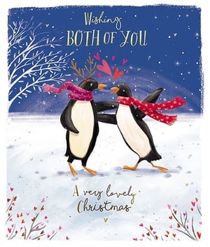 Spread festive cheer with our adorable 'To Both Of You' Christmas card! This heartwarming design features two charming penguins, snuggled together in a snowy wonderland, one even sporting cute reindeer antlers. Wrapped in cosy scarves, they share a loving glance, with sweet hearts floating between them under a starry winter sky. The message 'Wishing BOTH of YOU A very lovely Christmas' makes it the perfect choice for couples, friends, or family celebrating together. Crafted with care by the Great British Card Company, these delightful cards are sure to bring a smile. Available in convenient packs of 6, they're an ideal addition to your seasonal collection.