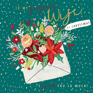 Celebrate your gorgeous wife this Christmas with this truly charming card from the Great British Card Company. Featuring a delightful illustration of an envelope overflowing with festive blooms, including a vibrant poinsettia, rich red berries, and lush green foliage, all set against a beautiful teal background. The heartfelt message "TO MY gorgeous Wife AT CHRISTMAS" and "I love you so much!" perfectly conveys affection. This card is ideal for expressing love during the holiday season. Stock up on this popular design, available in convenient packs of six, to offer your customers a truly special way to show their appreciation.