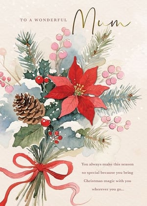 Help your customers celebrate Mum this Christmas with this beautiful watercolour card from the Great British Card Company. Adorned with a classic festive bouquet of poinsettias, pine, holly, and berries, complete with a charming red bow, it's a truly lovely design.

The heartfelt message inside reads: 'You always make this season so special because you bring Christmas magic with you wherever you go...' This card is perfect for showing appreciation to a wonderful Mum. Supplied in a convenient pack of 6, it's an ideal addition to your seasonal card selection, offering quality and warmth that customers will adore.