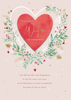 Help your customers express their love this Christmas with our exquisite 'Wife' Christmas card from the Great British Card Company. This beautifully designed card features a prominent watercolour heart, elegantly framed by a festive wreath of delicate foliage and berries, creating a truly romantic aesthetic. The golden script for 'Wife' adds a touch of luxury, complementing the heartfelt message: 'You fill my life with happiness in all the ways you care, each Christmas is more wonderful because of all we share.' Perfect for partners seeking a thoughtful and loving way to celebrate their wife, this card is sure to resonate. Stock up on this popular choice, available in a convenient pack size of 1x6, to enhance your seasonal card display.