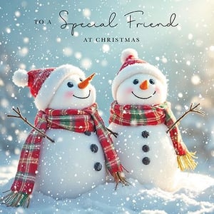 Bring a touch of festive cheer to your customers with this adorable Christmas card from the Great British Card Company. Featuring two wonderfully cheerful snowmen, complete with cosy hats and scarves, set against a backdrop of gently falling snow, this card is designed to warm hearts.
The sweet message, "To a Special Friend at Christmas", makes it the perfect way for customers to send heartfelt wishes to their dearest friends during the holiday season. Each card is crafted with quality and care, ensuring a delightful presentation. Available in a convenient pack size of 1x6, these cards are an essential addition to your seasonal greeting card selection. Stock up now and help your customers spread joy this Christmas!
