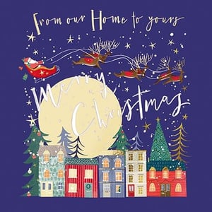 Bring festive cheer to your customers with our delightful 'House to House' Christmas cards, from the Great British Card Company. This charming design captures the magic of Christmas Eve, featuring Santa and his reindeer soaring over a cosy village scene. A large, glowing moon illuminates colourful houses nestled amongst twinkling Christmas trees, all under a starry, snowy sky. The heartfelt message "From our Home to yours" and "Merry Christmas" adds a warm touch. Perfect for spreading joy this holiday season, these cards come in a convenient pack of 6, ready to brighten any display.