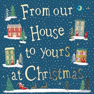 Bring festive cheer to your customers with our delightful 'House to House' Christmas cards from the Great British Card Company. This charming design features a whimsical snowy scene, complete with cosy houses, twinkling trees, and even Santa's sleigh soaring across a starry night sky. The heartfelt message, "From our House to yours at Christmas," perfectly captures the spirit of the season. Each card is beautifully illustrated, making it a wonderful way to send warm wishes. Available in a convenient pack of 6, these cards are sure to be a popular choice for spreading joy this Christmas.