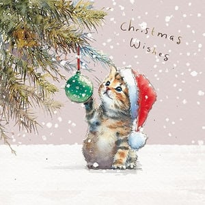 Send the warmest festive greetings with this utterly adorable Christmas card, featuring a charming kitten in a Santa hat. Our little feline friend is captured in a delightful moment, playfully reaching for a sparkling green bauble on a snow-dusted Christmas tree. The soft watercolour style and falling snow create a truly heartwarming scene, perfect for spreading 'Christmas Wishes' to loved ones.

This 'Open' Christmas card, supplied by the Great British Card Company, is sure to bring a smile to anyone's face. Each pack contains 6 cards, making it a wonderful addition to your seasonal collection. A truly sweet design that captures the magic of the holidays.