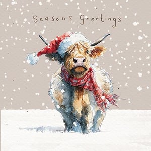 Bring a touch of rustic charm and festive cheer to your card display with this adorable 'Seasons Greetings' card! Featuring a wonderfully shaggy Highland cow, complete with a jaunty Santa hat and a cosy red plaid scarf, this design is sure to melt hearts. The watercolour artistry beautifully captures the snowy scene, making it a truly endearing choice for the winter season.

Perfect for customers looking for a unique and heartwarming way to send their festive wishes, this 'Open' card is supplied by the renowned Great British Card Company. Each pack contains 6 delightful cards, ready to add a smile to any recipient's face. A must-have for your Christmas collection!