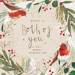 Delight your customers this Christmas with our charming 'To Both Of You' card, perfect for sending warm wishes to couples. This beautiful design features two classic robins nestled amongst a festive wreath of lush green foliage, vibrant red berries, and elegant gold accents. The heartfelt message, 'WISHING Both of you A VERY MERRY CHRISTMAS', is beautifully rendered in a stylish gold script, adding a touch of luxury. Supplied by the Great British Card Company, these cards promise quality and appeal. Each pack contains 6 cards, ready to brighten up your seasonal display and capture the hearts of your shoppers.