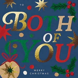Add a touch of festive cheer to your card selection with our 'To Both Of You' Christmas card. This delightful design features bold, eye-catching typography in shimmering gold, classic red, and vibrant green, set against a rich blue background. Adorned with sparkling stars, traditional holly, and a charming bauble, it's the perfect way for your customers to send warm wishes to a special couple or two loved ones. Crafted with care by the Great British Card Company, these cards offer premium quality and a truly festive feel. Available in a convenient pack of 6, they're ready to brighten up your shelves this holiday season.