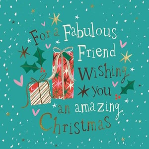 Brighten a special friend's Christmas with this charming card from the Great British Card Company. Against a vibrant teal backdrop, sparkling stars and festive speckles create a truly magical scene. Adorned with beautifully wrapped gifts, classic holly, and sweet pink hearts, the design exudes warmth and cheer. The lovely message, 'For a Fabulous Friend Wishing you an amazing Christmas,' is presented in a delightful mix of fonts, perfect for conveying heartfelt festive greetings. This card is an ideal choice for celebrating those wonderful friendships during the holiday season. Stock up with this convenient pack of six, ready to bring joy to your customers.