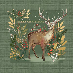 Send warm festive wishes with our beautiful 10 Winter Deer Superior Cards. Featuring a majestic stag adorned with intricate golden foliage, vibrant red berries, and a charming robin, these cards capture the serene beauty of the season. The 'Merry Christmas' message is elegantly presented, set against a rich, textured green background that adds a touch of luxury. Perfect for sharing heartfelt greetings with loved ones, each card promises a superior feel and finish. Designed by Ling, this pack of 10 cards is a truly special way to celebrate the holidays.