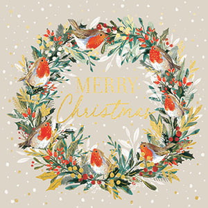 Bring festive charm to your shelves with Ling's delightful Wreath with Robins Small Premium Cards. Each pack contains 10 exquisite cards, perfect for customers seeking a touch of traditional elegance this Christmas.
The stunning design showcases a lush green wreath adorned with vibrant red berries and cheerful robins, all beautifully highlighted with shimmering gold accents. The classic 'Merry Christmas' message adds a warm, festive touch. These premium cards offer exceptional quality and appeal, making them a wonderful choice for spreading holiday cheer.
Available in a convenient 1x6 pack size, they're an ideal addition to your seasonal greeting card collection. Stock up and let your customers share the joy!
