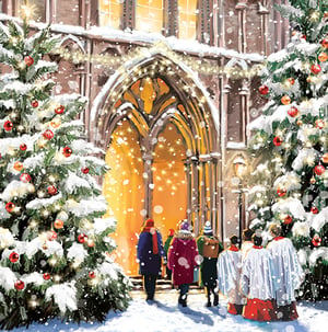 Capture the true spirit of Christmas with our beautiful pack of 12 Religious Luxury Cards. Each pack contains 4 cards of 3 unique designs, perfect for sharing your festive greetings.
These cards depict a serene, snow-covered church entrance, glowing warmly as people gather, including a choir, amidst beautifully decorated Christmas trees. The gentle snowfall adds to the magical winter scene. Evoking a sense of peace and joy, these cards are ideal for sending heartfelt messages to loved ones. Share the warmth and wonder of the season with these thoughtfully designed cards, bringing a touch of festive charm to every recipient.